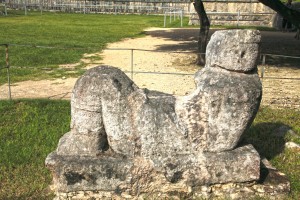 Chacmools are sculptures particular to pre-Columbian groups first appearing around the 9th century . They depict a human figure lying down in a particular pose.