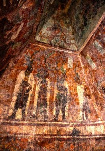 Frescos in Structure 1 at Bonampak (left room), possibly depicting Chaan Muan and his family engaged in ritual bloodletting