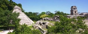 Panoramic view of the archaeological site at Palenque, Chiapas, Mexico