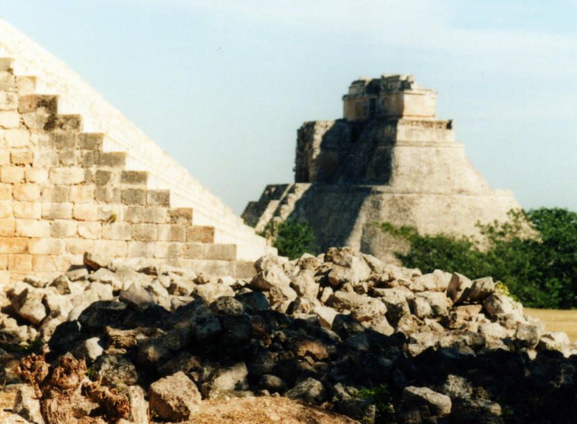 Stone ruins and the Pyramid of the Magician at Uxmal, Yucatán
