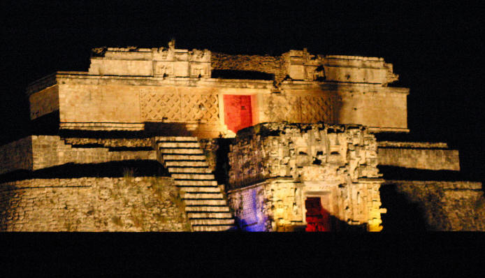 Illuminated Maya stone architecture at Uxmal at night
